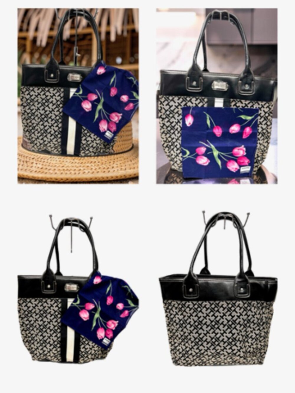 New-Everyday Tommy Hilfiger  Black/ White Logo Tote Bag +New Renoma Kerchief (10 - Picture 2 of 13